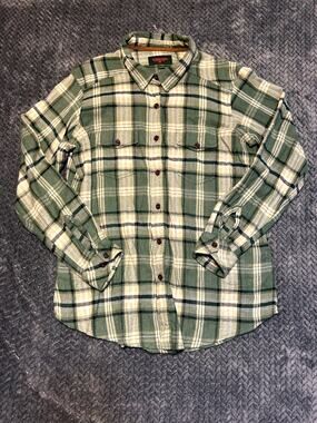 Flyshacker Flannel Shirt Mens XL White Green Plaid Flap Pockets Collar Button Up